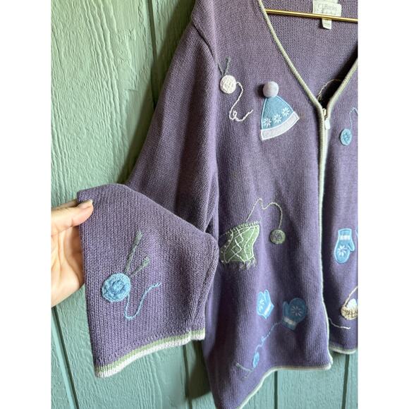 Vintage Hand Embroidered Winter Knit Theme Cardigan – 2X – Lilac Zip Up Sweater - Picture 2 of 6